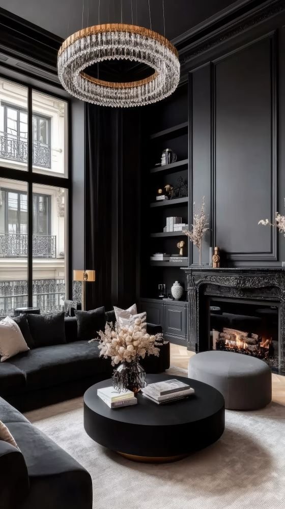 beautifully-decorated-victorian-gothic-living-room-features-black-walls-large-windows-festive-fireplace-adorned-with-greenery-holiday-season